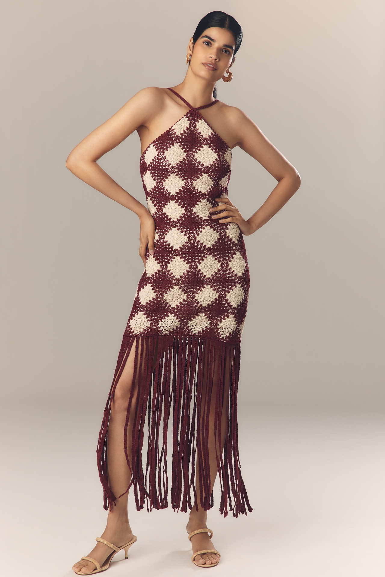Saylor Dragana Halter Crochet Fringe Midi Dress