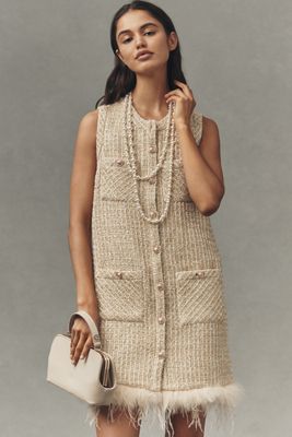 Saylor Sleeveless Tweed Faux-Feather Mini Dress