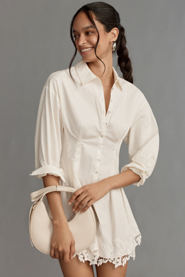 Cami Nyc Kimiko Lace Detail Long Sleeve Cotton Mini Shirtdress