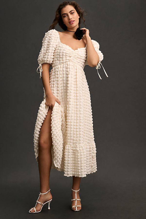 Endless Rose Puff-sleeve Sweetheart Textured Midi Dress In White