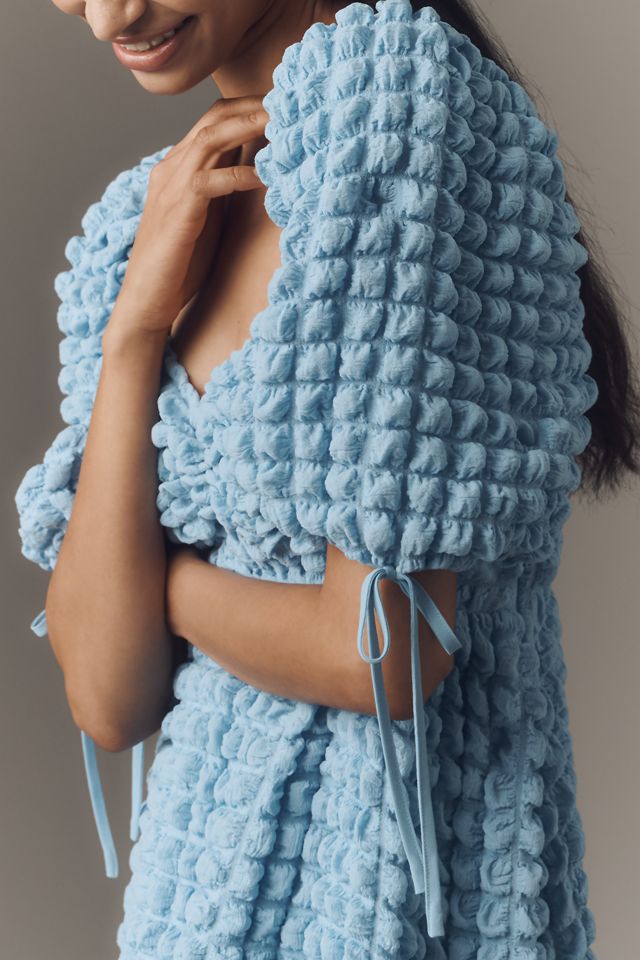 SO ME Textured Woven Daily Dress with Puff Sleeves