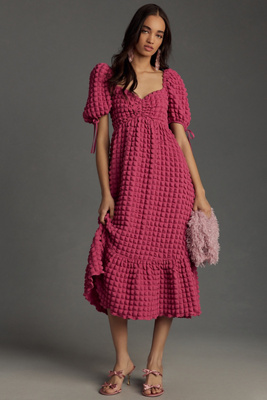 Endless Rose Puff-sleeve Sweetheart Textured Midi Dress In Pink