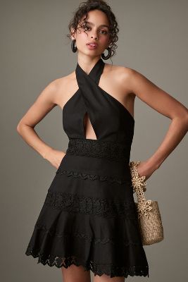 Shop Endless Rose Halter Cutout Lace Linen Mini Dress In Black