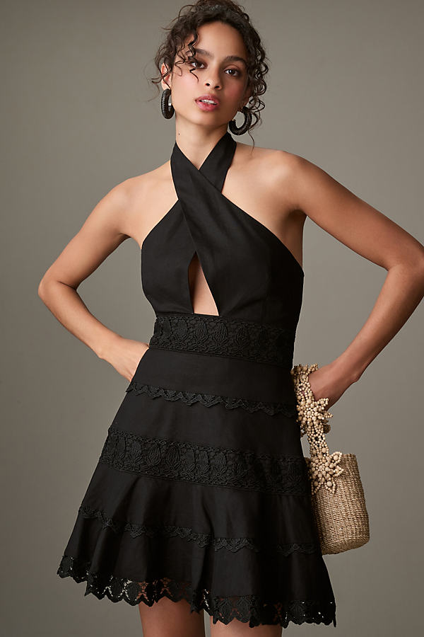Endless Rose Halter Cutout Lace Linen Mini Dress In Black