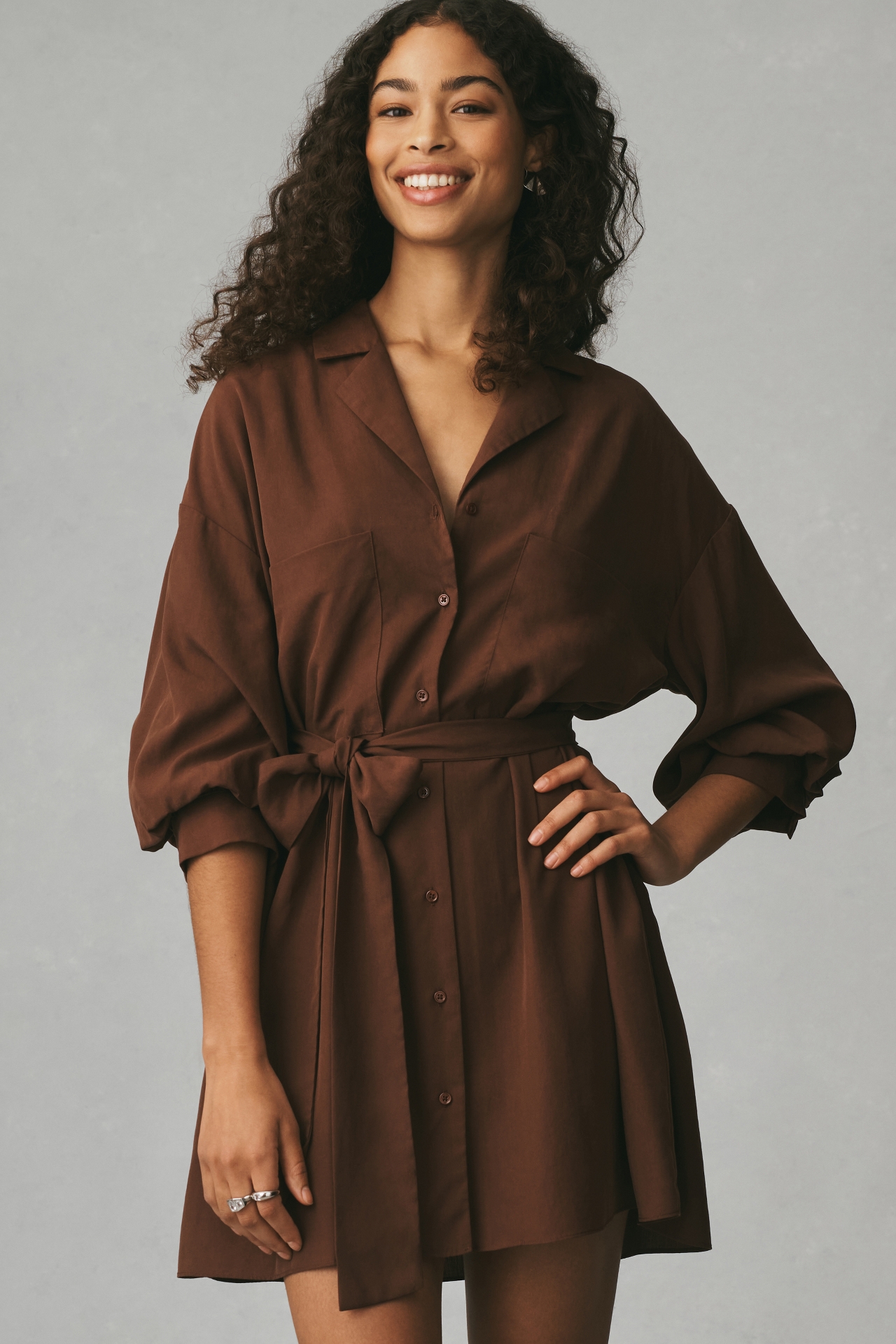 Endless Rose Blouson-Sleeve Belted Mini Shirt Dress