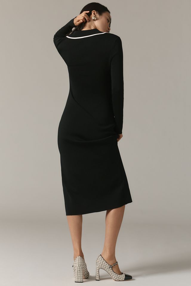 chinese dress ladies MEROKEETY Long Sleeve Polo V Neck Slit Bodycon Midi Sweater Dress   Merokeety