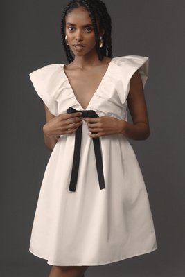 Endless Rose Flutter-sleeve V-neck Bow A-line Mini Dress In Black