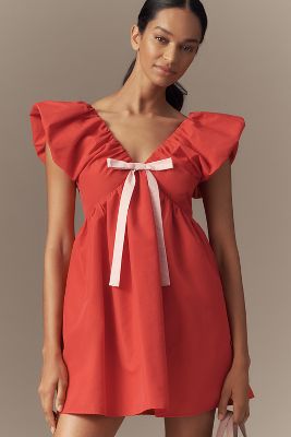 ENDLESS ROSE FLUTTER-SLEEVE V-NECK BOW A-LINE MINI DRESS 