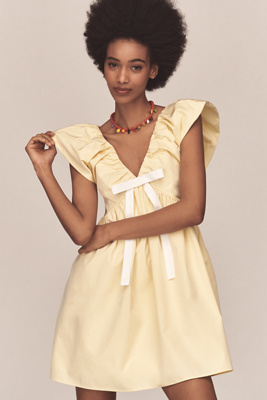 Shop Endless Rose Flutter-sleeve V-neck Bow A-line Mini Dress In Yellow