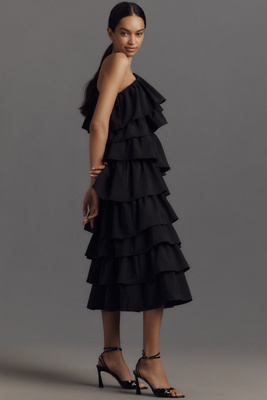 ENDLESS ROSE ONE-SHOULDER RUFFLED A-LINE MIDI DRESS 