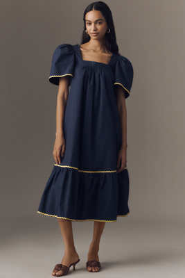 ENGLISH FACTORY PUFF-SLEEVE SQUARE-NECK MIDI DRESS 