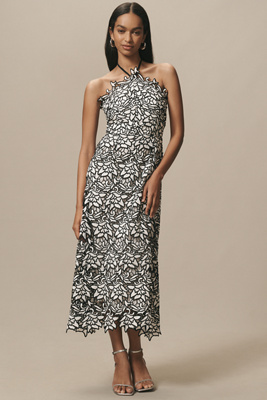 Endless Rose Sleeveless Linen Blend Halter Lace Midi Dress In Multicolor