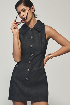 Endless Rose Sleeveless Collared Denim Mini Dress In Blue