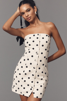 Endless Rose Strapless Button-front Cotton Linen Mini Dress In Beige