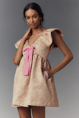 Endless Rose Ruffle-sleeve V-neck Babydoll Jacquard Mini Dress In Pink
