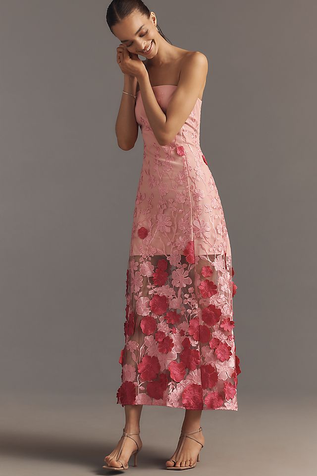 anthropologie pink dress Hutch , Fringed Sleeveless in 100% polyester Chiffon fabrication Mini length Open back Pullover styling Hand wash Imported Endless Rose Strapless Floral Appliqu