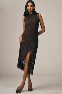 Endless Rose Sleeveless Mock-neck Lace Midi Dress In Brown