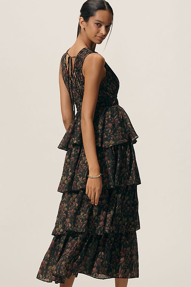 endless rose dotty sleeveless v-neck ruffled maxi dress Floral Dresses for Women Maxi dresses Shimmering textured blooms enhance the romance of this figure Endless Rose Sleeveless V-Neck Tiered