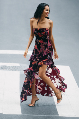 Endless Rose Strapless Ruffled Velvet High-low Dress In Purple