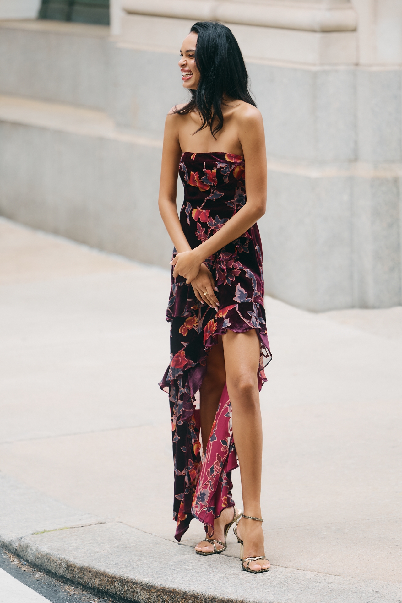 Endless Rose Strapless Ruffled Velvet High-Low Dress