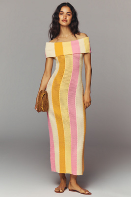 Off-Shoulder Striped Knit Midi Dress