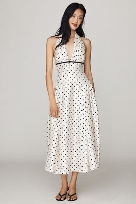 black and white halter neck dress Lilia Black Polka Dot Halter Neck Mini Dress - US 10