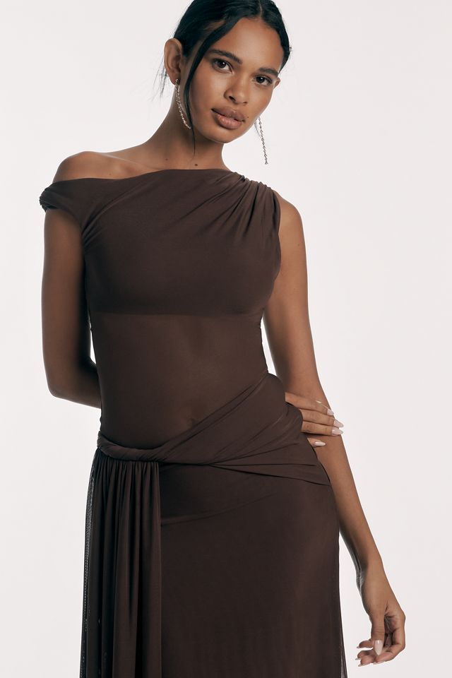 MISHA Sisal Asymmetrical Draped Mesh Maxi Dress #1