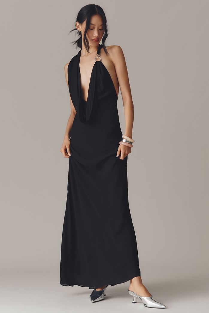 MISHA Cascada Halter Hardware Draped Maxi Dress