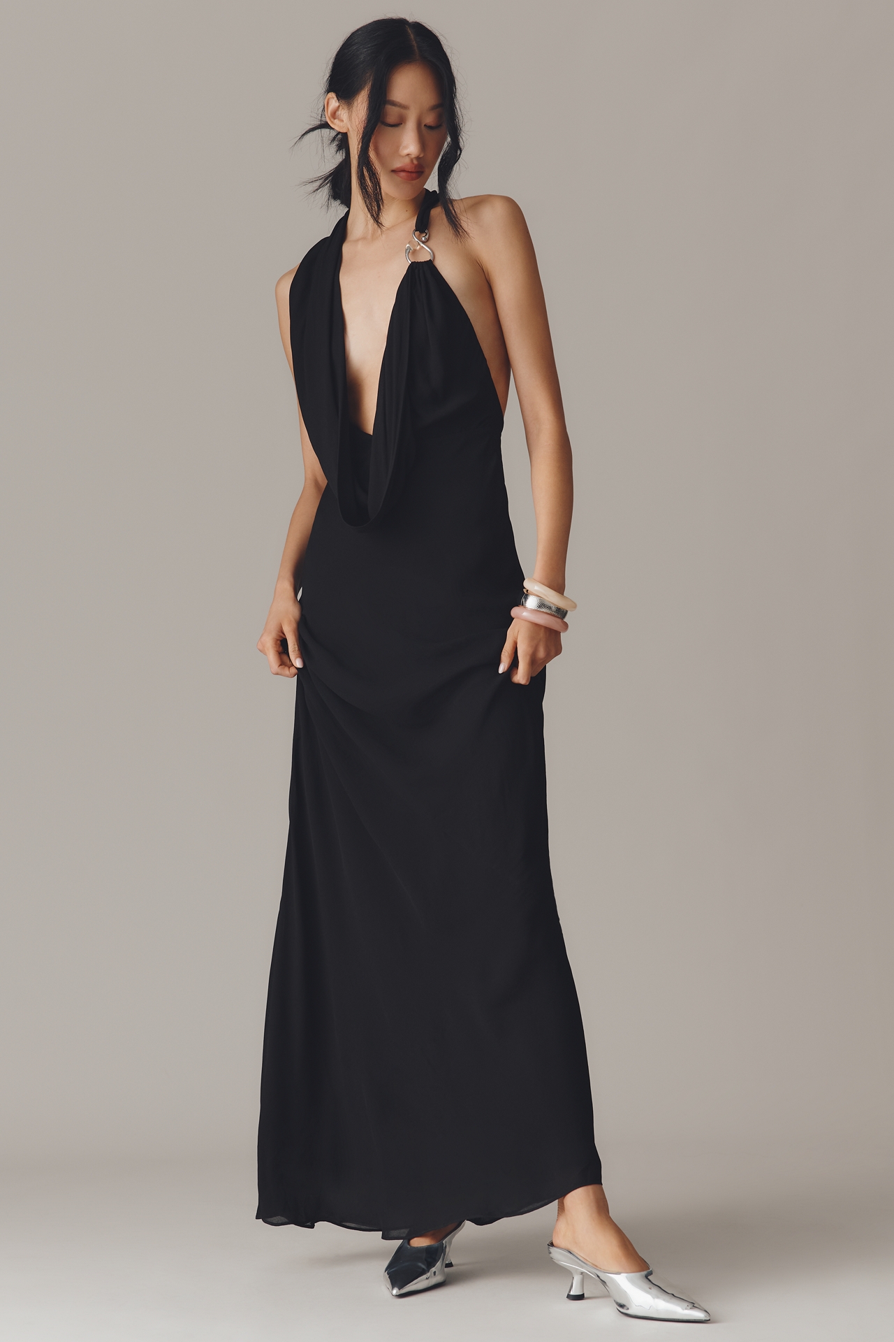 MISHA Cascada Halter Hardware Draped Maxi Dress