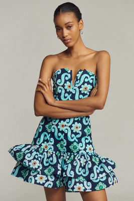 De Loreta Festivo Strapless Printed Flounce Mini Dress In Green