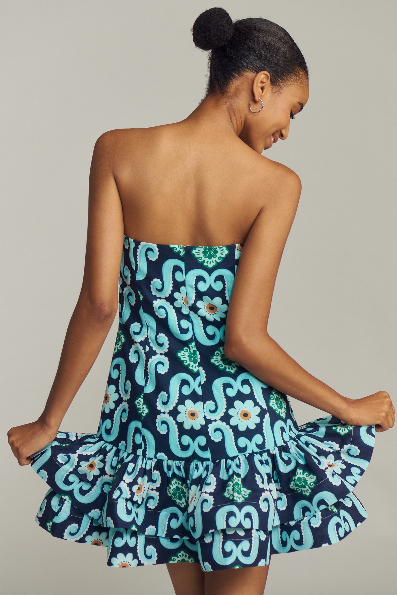 De Loreta Festivo Strapless Printed Flounce Mini Dress