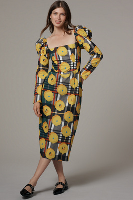 De Loreta Amanda Puff-sleeve Square-neck Midi Dress In Black