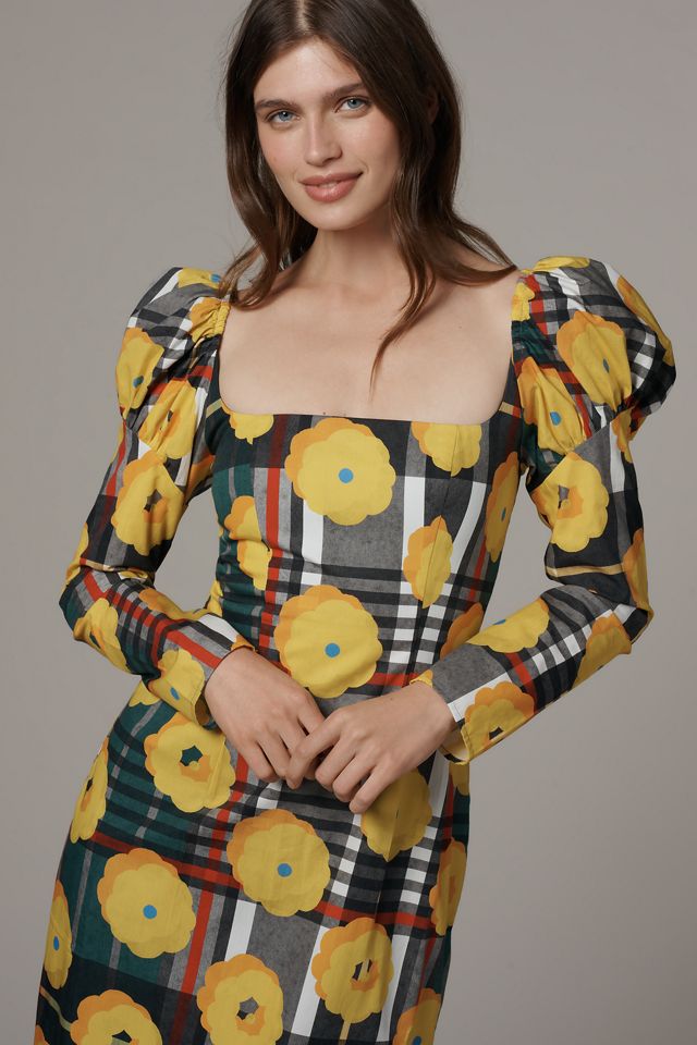 De Loreta Amanda Puff-Sleeve Square-Neck Midi Dress #2