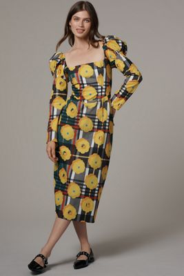 De Loreta Amanda Puff-Sleeve Square-Neck Midi Dress