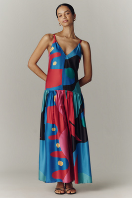 De Loreta Paca Cotton Plus Drop Waist Midi Dress In Multi