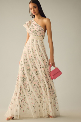 green emerald velvet dress One-Shoulder Long Formal Dress with Floral Print PromGirl