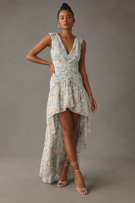 Mac Duggal Floral Print Ruched Cap Sleeve High Low Gown In Blue