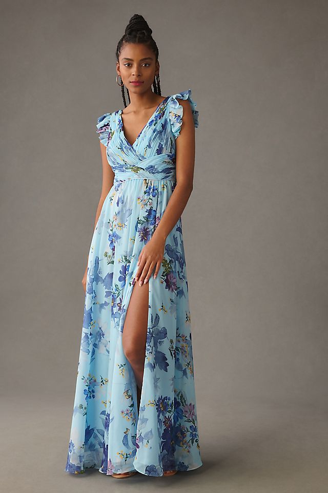 flutter sleeve chiffon dress Goddiva Sustainable Wrap Maxi Sizes 8 Medieval Chiffon Layered Wedding Dress