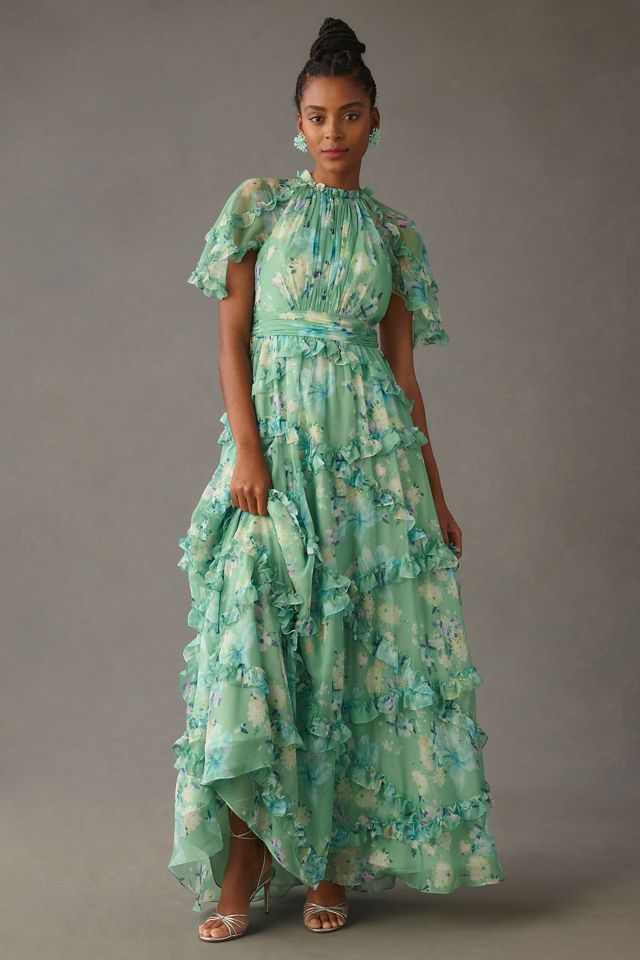 Mac Duggal Short-Sleeve Floral Chiffon Ruffled Gown #1