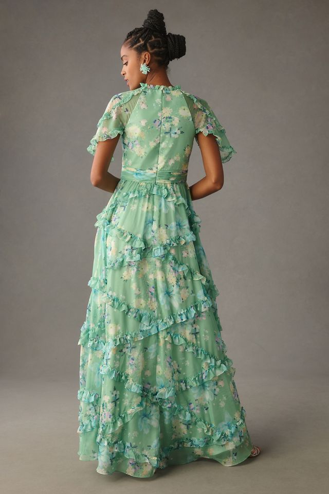 Mac Duggal Short-Sleeve Floral Chiffon Ruffled Gown #2