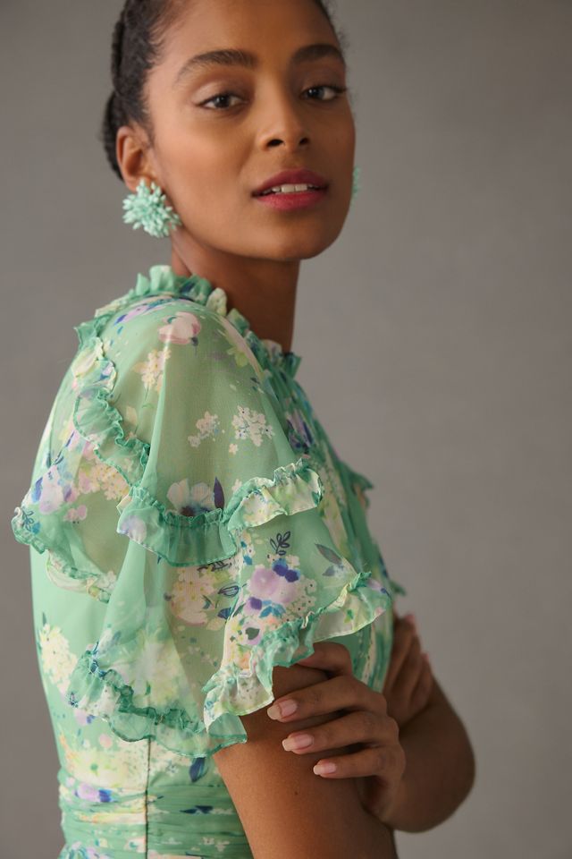 Mac Duggal Short-Sleeve Floral Chiffon Ruffled Gown #3