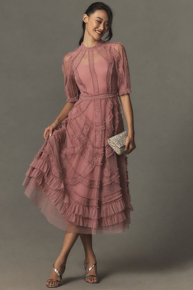 Scoop Neck A-Line Ruffle Chiffon Long Dress Watermelon