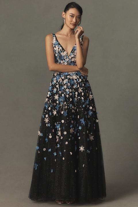 Mac Duggal Sleeveless Floral Appliqué Maxi Dress