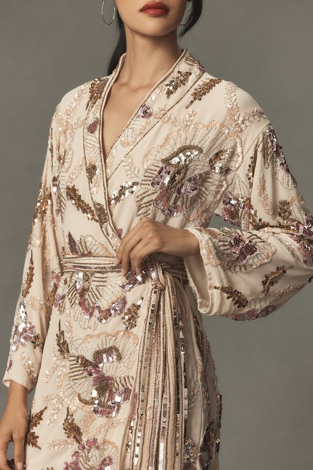 Mac Duggal Long-Sleeve Beaded Floral Wrap Mini Dress #2
