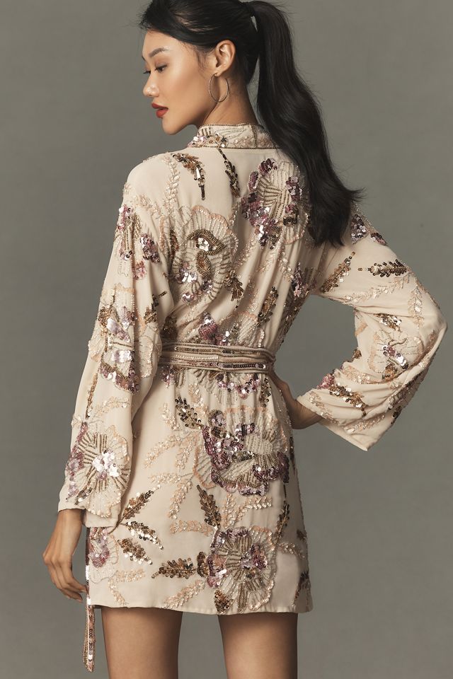 Mac Duggal Long-Sleeve Beaded Floral Wrap Mini Dress #3