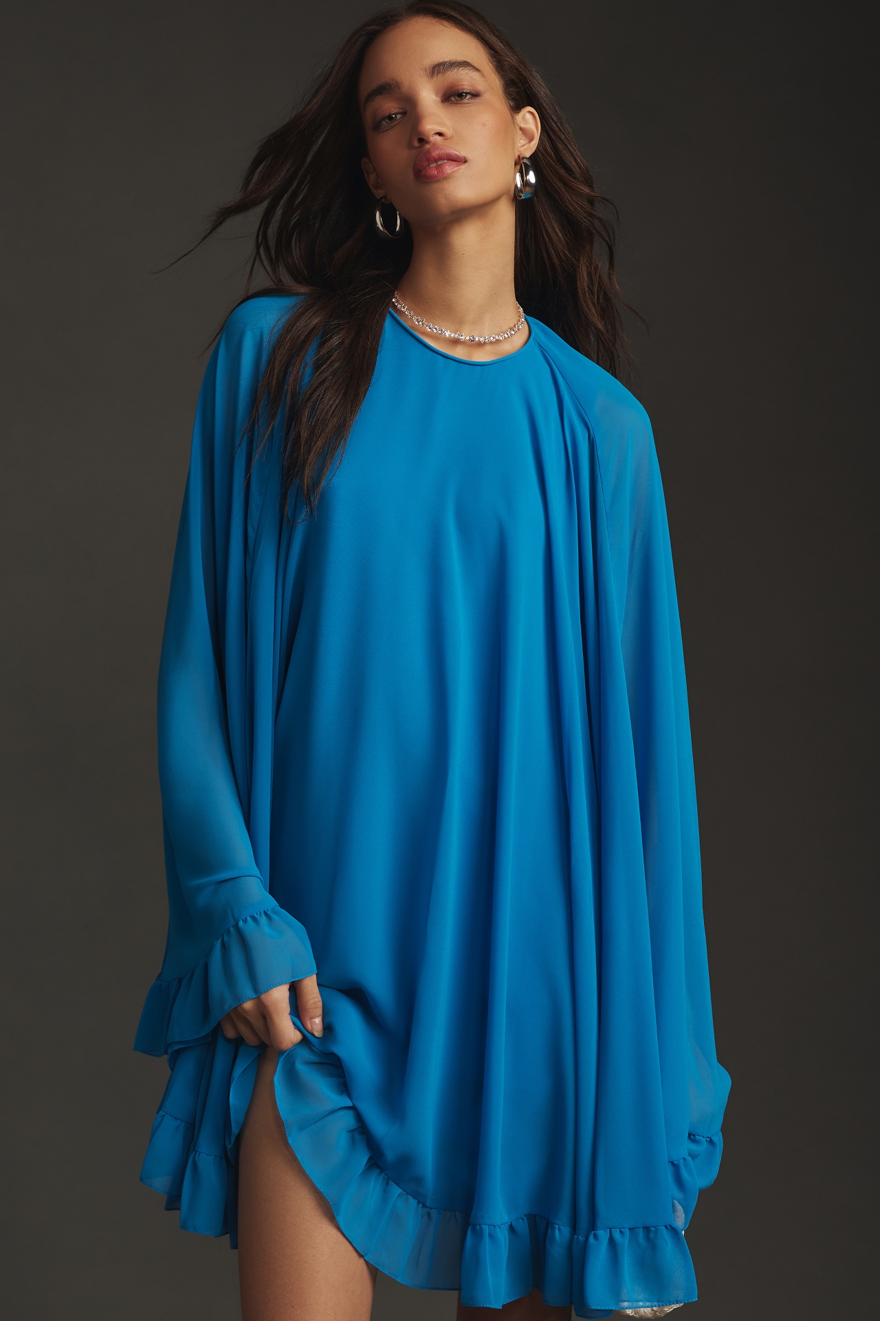 Mac Duggal Long-Sleeve High-Neck Mini Cape Dress