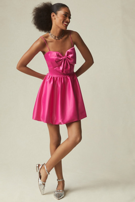 Mac Duggal Spaghetti Strap Center Bow Balloon Mini Dress In Pink