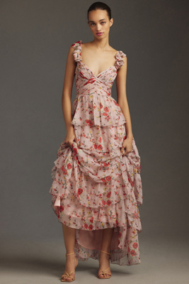 （アンソロポロジー取扱）Mac Duggalミディドレス Mac Duggal Sleeveless V-Neck Tiered Ruffled Chiffon Midi
