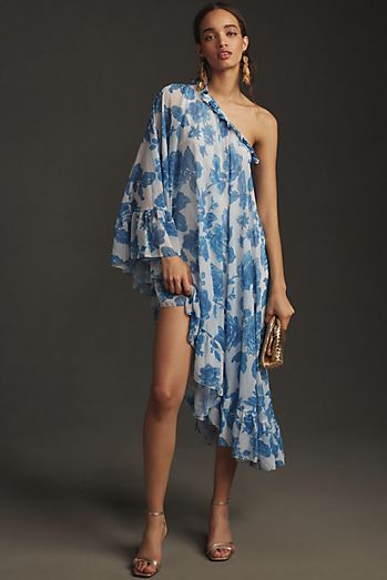 Mac Duggal One-Shoulder Asymmetrical Midi Cape Dress
