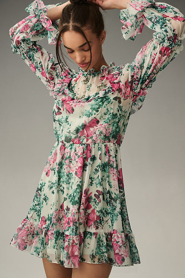Shop Mac Duggal Long-sleeve Ruffled Mini Dress In Multicolor